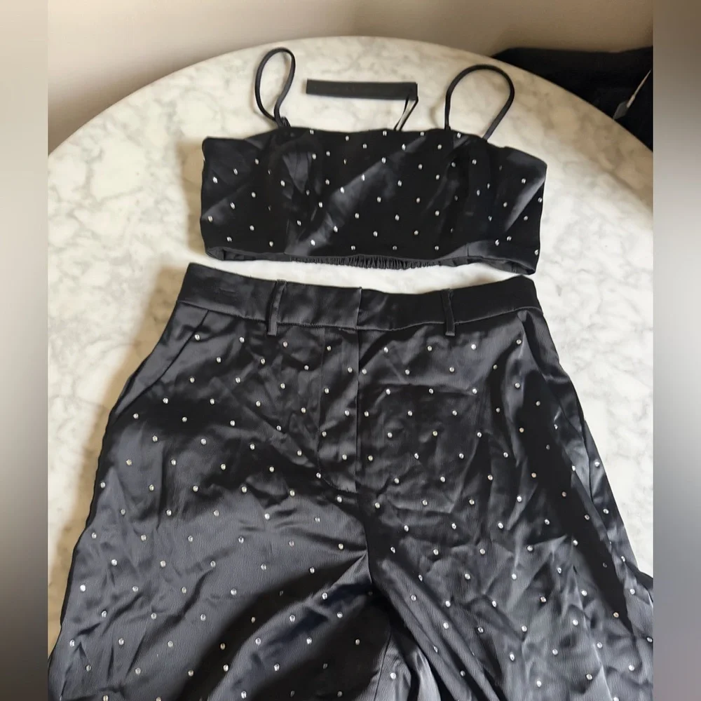 House of Harlow 1960 Black Crop Top & Wide Leg Pants Set Size Small Going Out - Picture 2 of 7